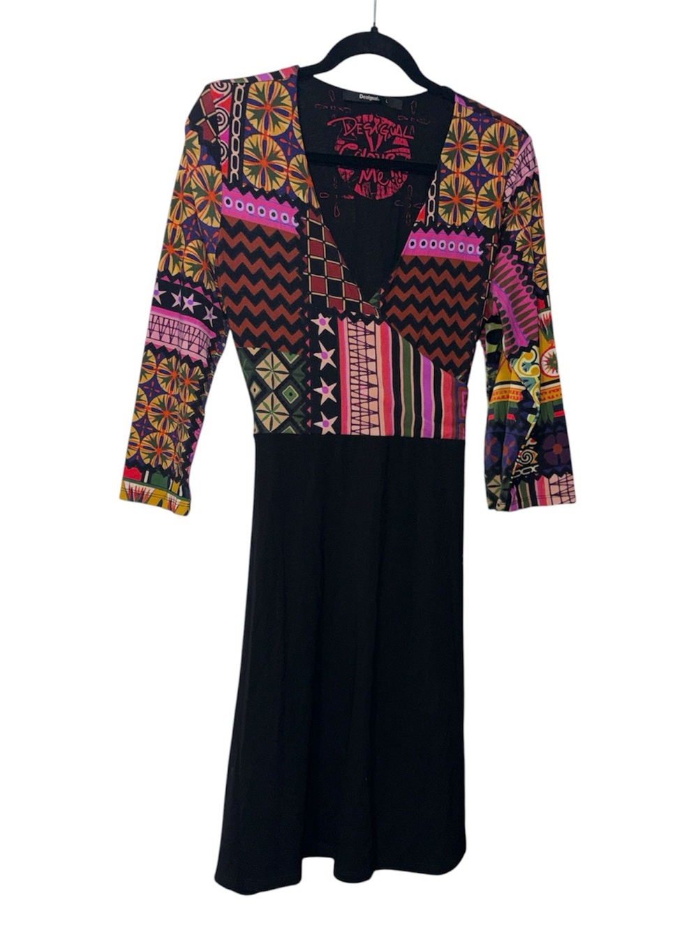 DESIGUAL Jill A Line Flared Faux Wrap Multicolor Patchwork Style Dress
